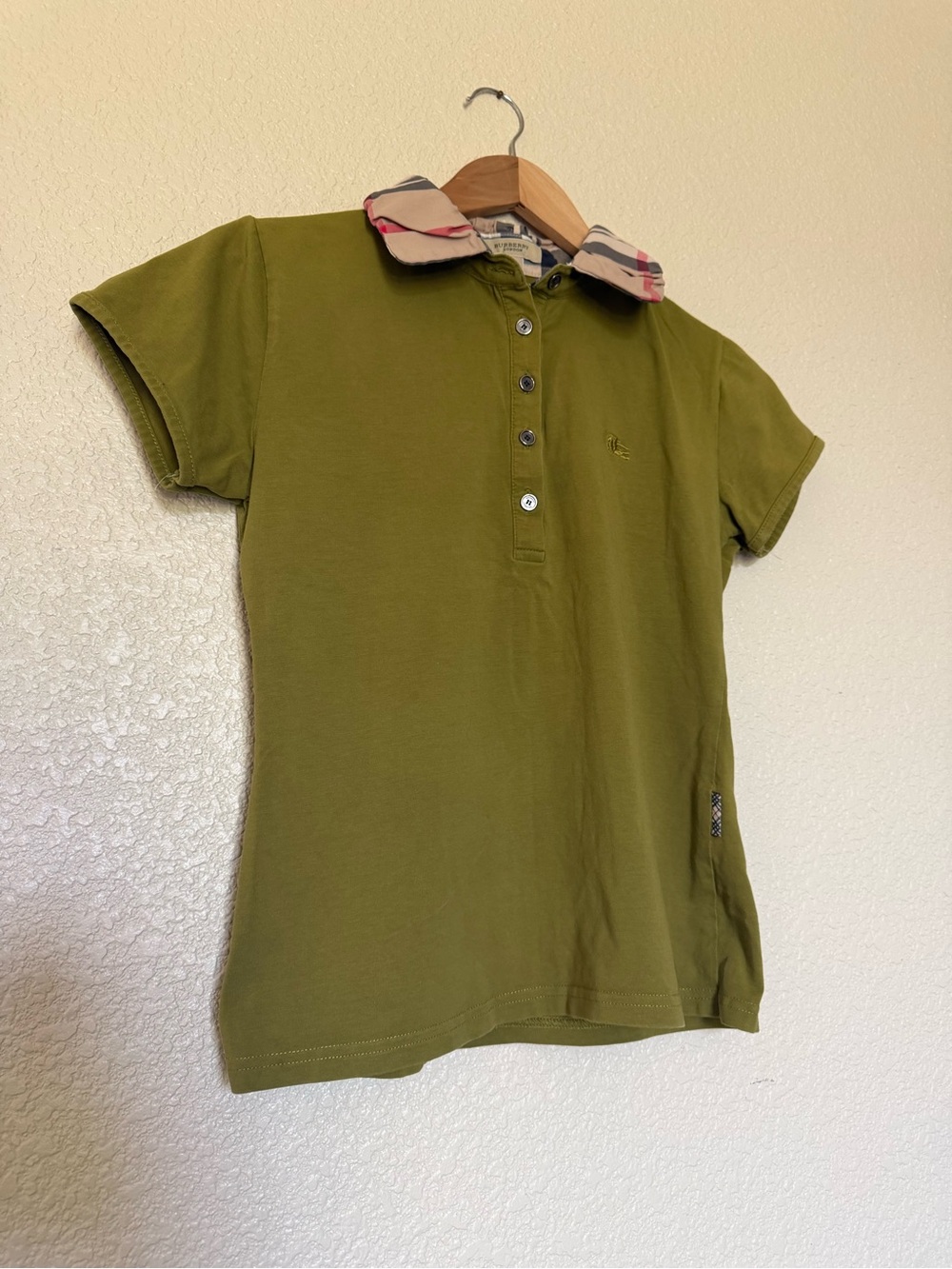 Burberry Olive Green Short Sleeve Polo with Signature Check Collar - Picture 3 of 6